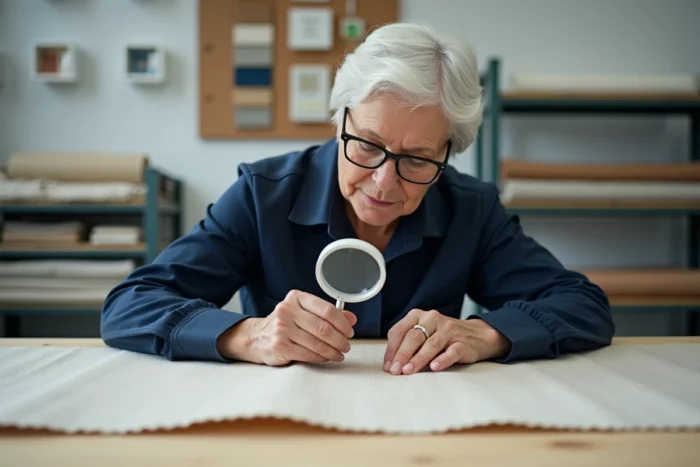 Contrôleuse qualité inspectant un tissu fini à la loupe dans un atelier de contrôle textile