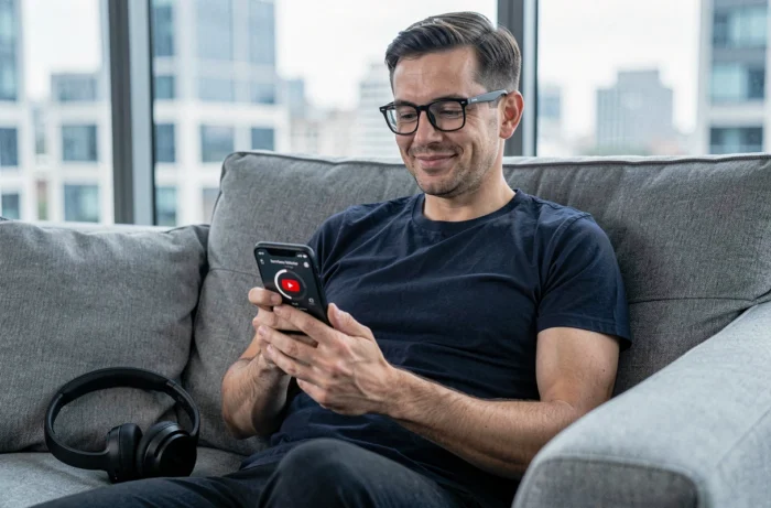 Homme convertissant une vidéo YouTube en fichier MP3 sur son smartphone dans un appartement contemporain