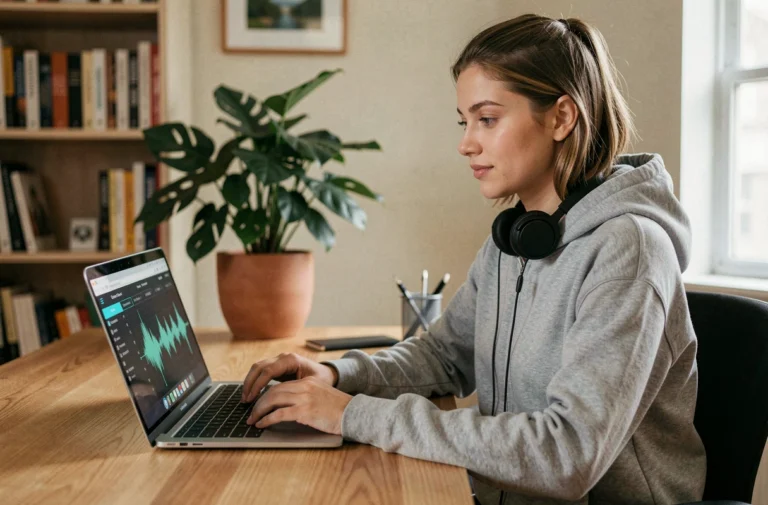 Jeune femme utilisant un convertisseur MP3 en ligne sur son ordinateur portable dans un bureau à domicile moderne