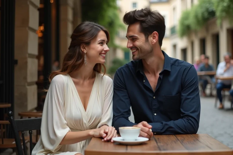 Couple élégant partageant un moment complice en terrasse parisienne, illustrant la vie amoureuse d'Alicia Dauby et Olivier Bossard
