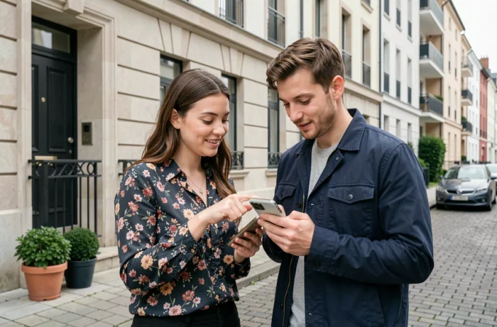 Couple consultant une application de location immobilière devant un immeuble résidentiel en ville