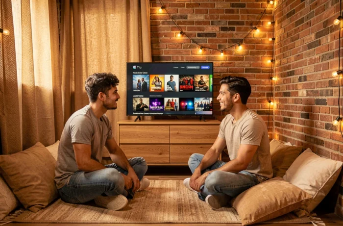 Couple brésilien regardant un service de streaming brésilien via Apple TV dans une chambre cosy