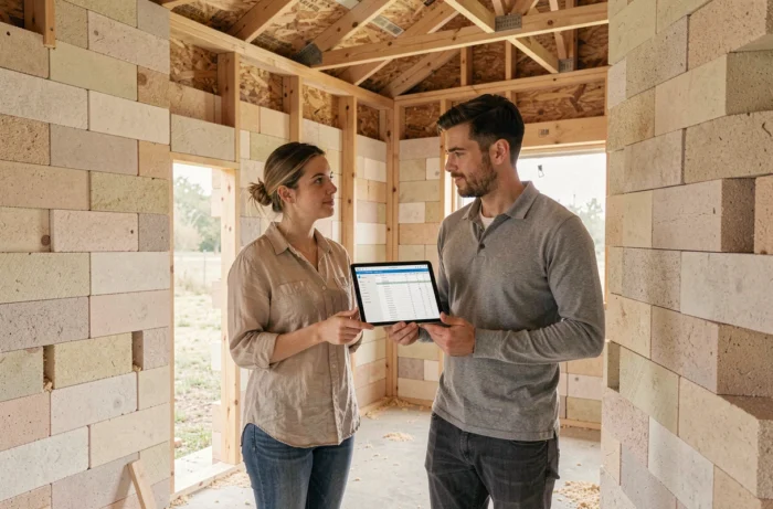Couple de futurs propriétaires évaluant le budget de leur maison Gablok à ossature bois en kit à l'intérieur du chantier