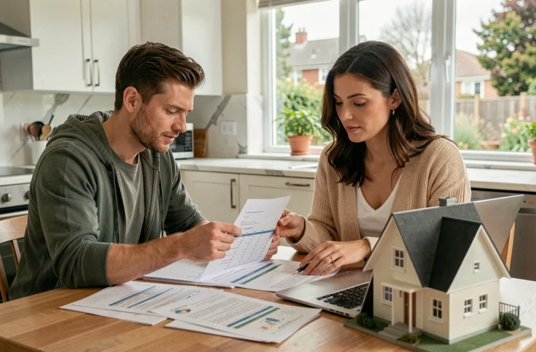 Couple comparant crédit immobilier et prêt à la consommation sur une table de cuisine avec des documents financiers