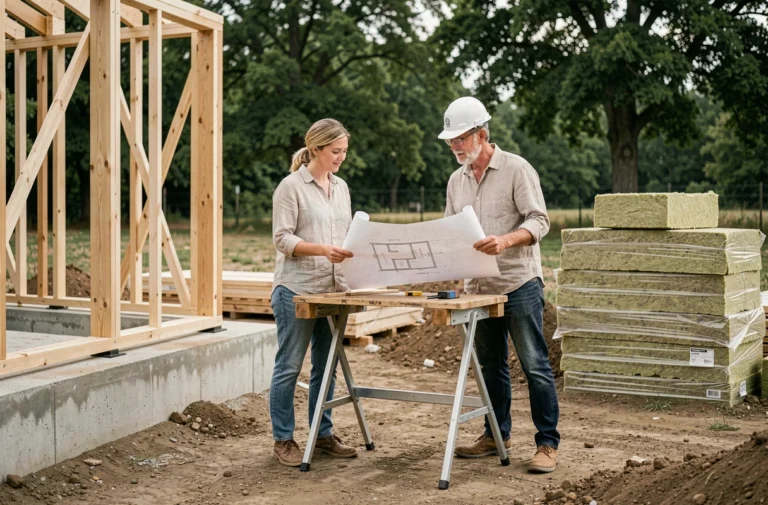 Un couple discute des plans de construction avec un entrepreneur sur le chantier de leur future maison éco-responsable à ossature bois