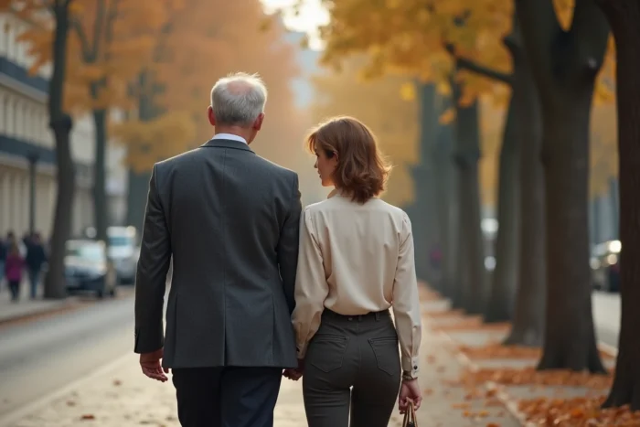 Couple élégant se promenant discrètement dans une avenue parisienne en automne, évoquant une vie sentimentale privée et sereine