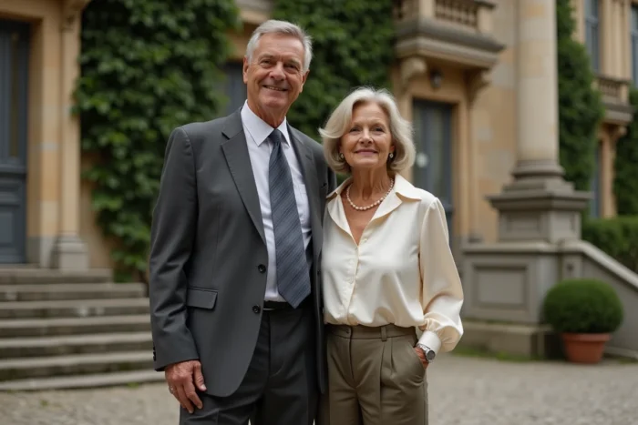 Couple élégant posant devant un bâtiment en pierre parisien, représentant la vie de couple et le mariage secret d'une personnalité médiatique française