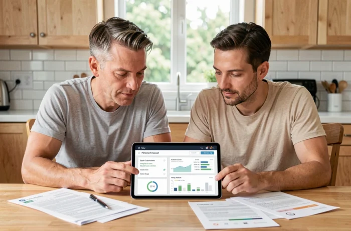 Couple étudiant ensemble un tableau de bord de finances personnelles sur une tablette dans une cuisine moderne