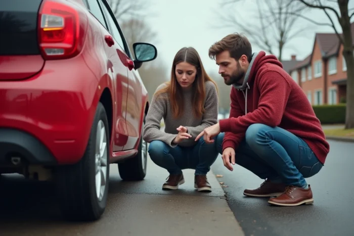 Couple inspectant les pneus et la carrosserie d'une voiture d'occasion avant de l'acheter