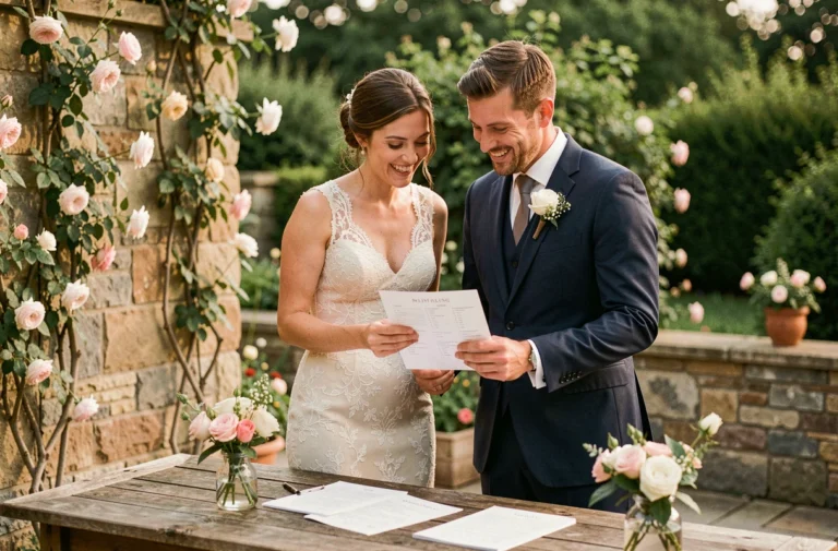 Couple de mariés consultant une liste de planification de mariage dans un cadre champêtre et fleuri