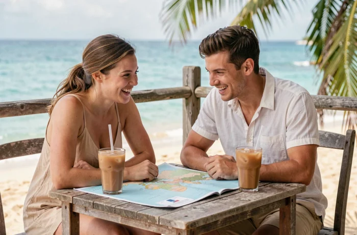 Couple planifiant leur itinéraire sur une carte devant une vue de mer turquoise depuis une terrasse tropicale, illustration parfaite de la préparation d'un voyage inoubliable
