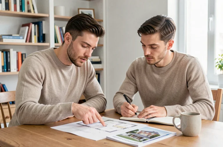 Couple étudiant des plans immobiliers à la maison pour préparer un achat ou une location