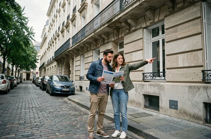 Couple examinant une annonce immobilière devant un immeuble haussmannien dans une rue urbaine française