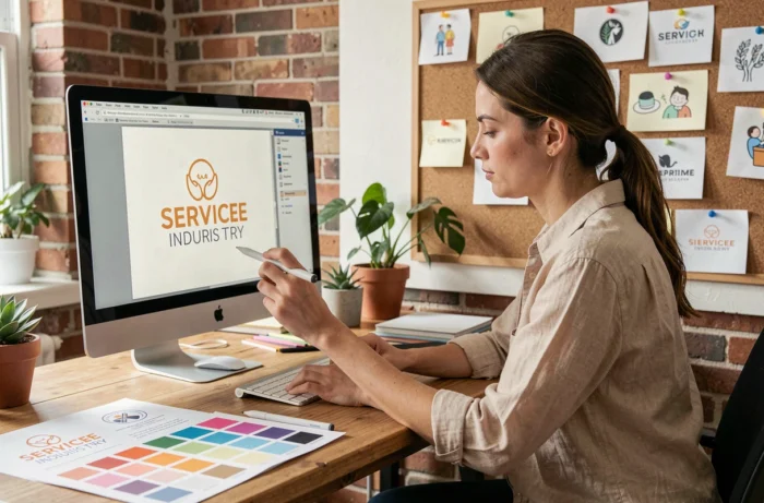 Graphiste professionnelle travaillant sur la création d'un logo pour un service à la personne, entourée de maquettes et nuanciers de couleurs dans un studio moderne