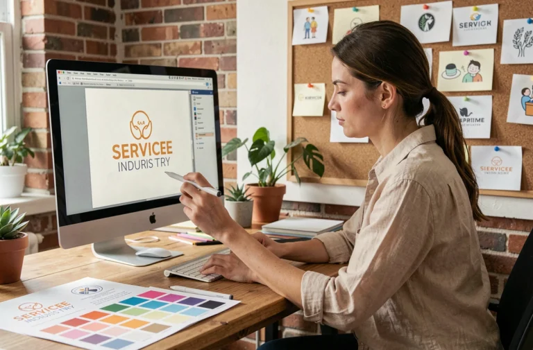 Graphiste professionnelle travaillant sur la création d'un logo pour un service à la personne, entourée de maquettes et nuanciers de couleurs dans un studio moderne