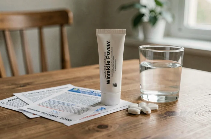 Tube de crème Wrinkle Power avec fiches d'avertissement sur les effets secondaires