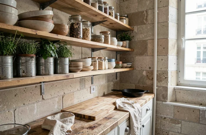Cuisine écologique dans un appartement parisien avec étagères en bois, bocaux en verre réutilisés et herbes aromatiques en pots recyclés