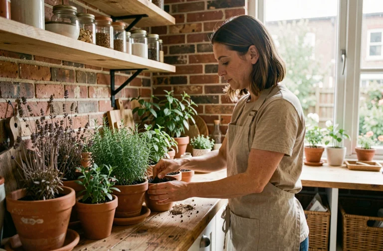 Femme soignant des herbes aromatiques dans une cuisine écologique en bois et brique avec rangements en verre