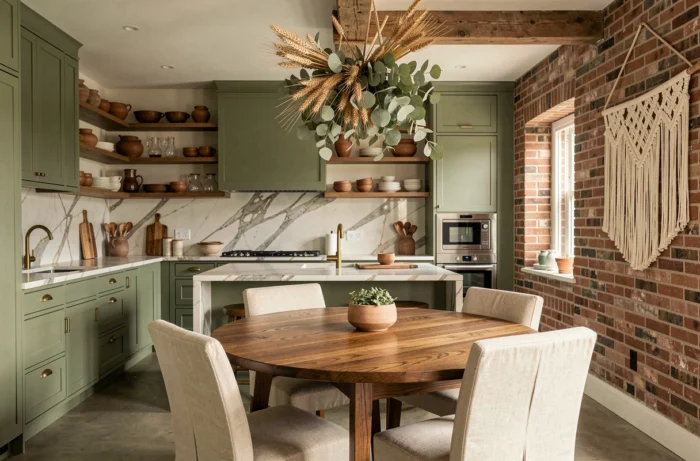 Cuisine ouverte vert sauge avec îlot en marbre, vaisselle artisanale sur étagères ouvertes et salle à manger en chêne fumé aux tendances déco actuelles
