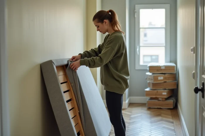 Femme décollant le tissu d'un sommier tapissier pour accéder au cadre en bois, étape de démontage dans un couloir d'appartement