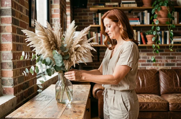 Femme arrangeant des plantes séchées dans un vase en verre recyclé sur un meuble en bois récupéré dans un salon à décoration écologique