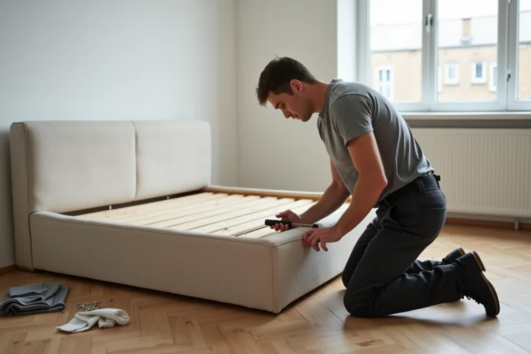 Homme démontant un sommier tapissier en retirant les panneaux latéraux en bois avec un tournevis dans une chambre minimaliste
