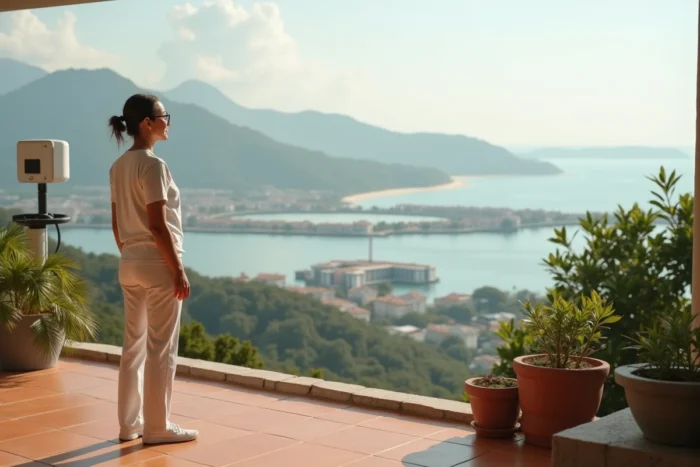 Femme sur une terrasse face à une ville côtière résiliente avec infrastructures adaptées au changement climatique, destination de vie en 2050