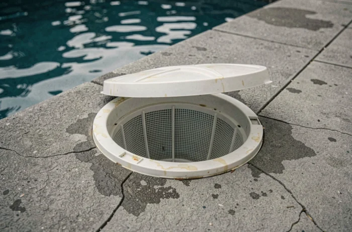 Gros plan sur un skimmer de piscine avec des traces de détérioration causées par l'ajout direct de chlore choc dans le système de filtration