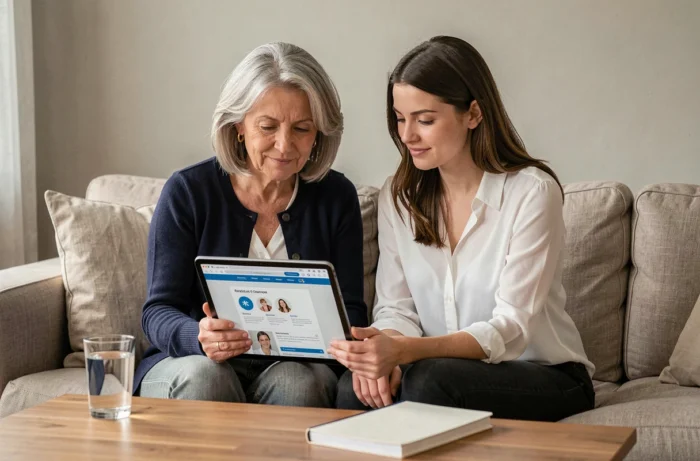 Deux femmes de générations différentes consultant ensemble des informations de santé fiables sur une tablette dans un salon