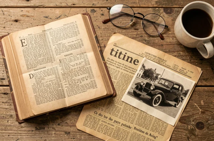 Dictionnaire vintage et coupure de journal décrivant l'origine du mot argotique titine désignant une voiture