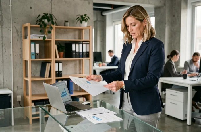 Dirigeante de PME analysant des documents de stratégie de croissance dans un bureau moderne