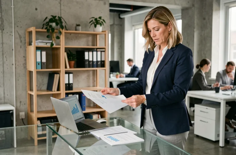 Dirigeante de PME analysant des documents de stratégie de croissance dans un bureau moderne