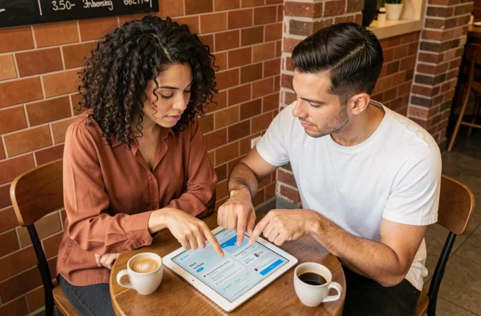 Deux collègues discutant des axes d'amélioration d'une plateforme numérique autour d'une tablette dans un café