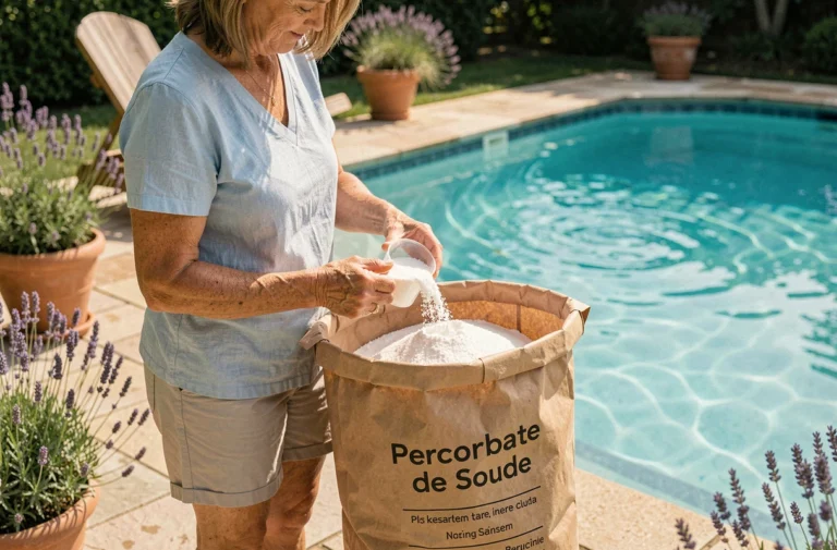 Femme dosant du percarbonate de soude avec une tasse graduée au bord d'une piscine extérieure