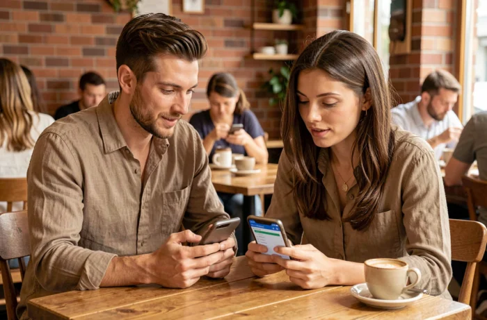 Deux personnes comparant des applications Android sur leurs smartphones dans un café au décor chaleureux