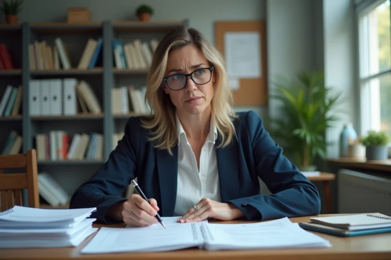 Enseignante examinant une erreur sur son bulletin de salaire dans un bureau administratif scolaire