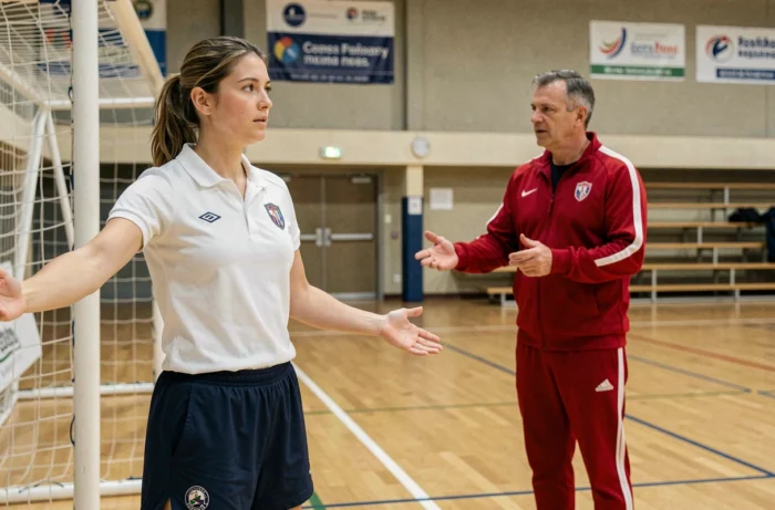 Joueuse de cécifoot malvoyante recevant les consignes de son entraîneur près des cages lors d'une séance d'entraînement en gymnase