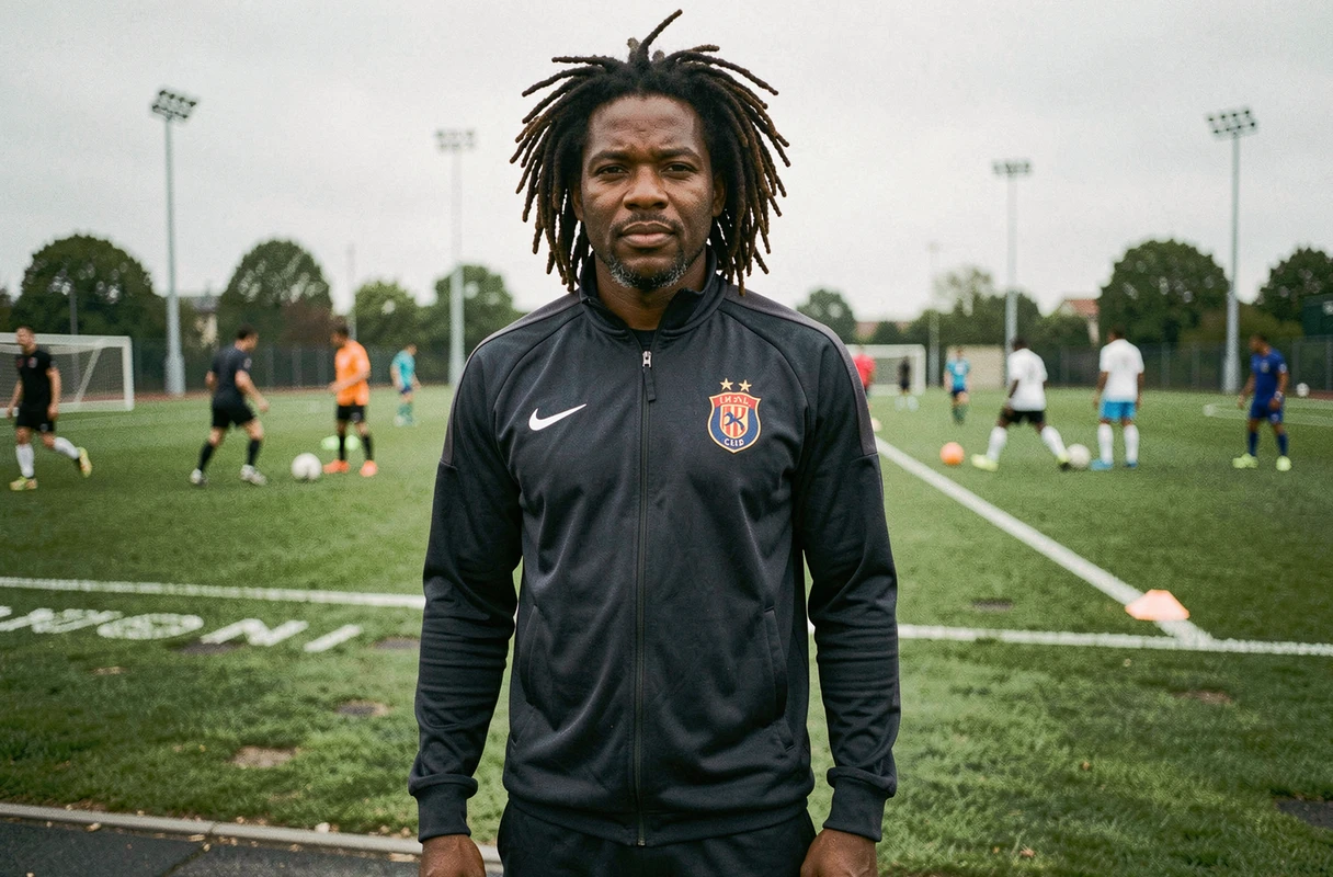 Entraîneur de football européen sur le bord du terrain lors d'une séance d'entraînement, portrait documentaire