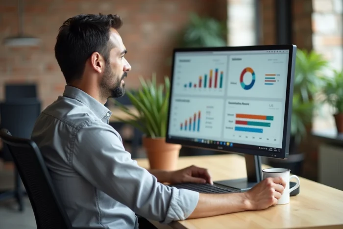 Entrepreneur analysant des indicateurs clés de performance sur un écran dans un espace de coworking moderne