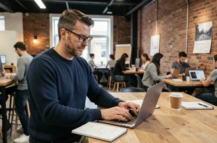 Entrepreneur masculin travaillant sur son projet de création de statut d'entreprise dans un espace de coworking