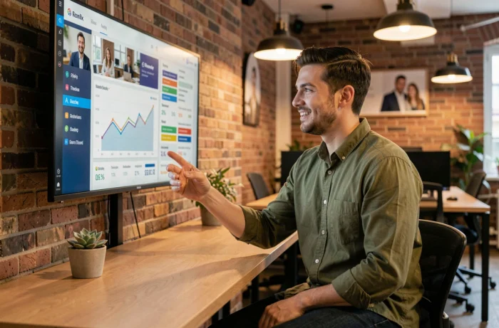 Jeune entrepreneur de PME consultant un tableau de bord de croissance dans un espace de coworking moderne