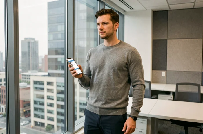 Jeune entrepreneur consultant sa stratégie de présence en ligne sur smartphone dans un espace de coworking urbain