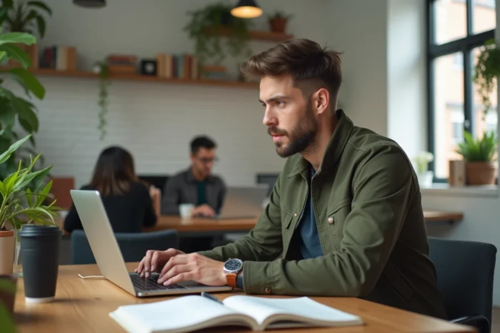 Entrepreneur indépendant travaillant sur sa stratégie de croissance marketing dans un espace de coworking moderne