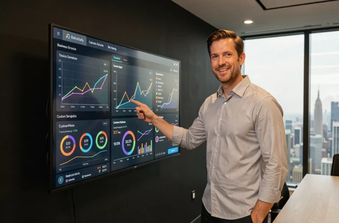 Entrepreneur présentant des tableaux de bord de services personnalisés et des indicateurs de croissance d'entreprise sur un écran interactif