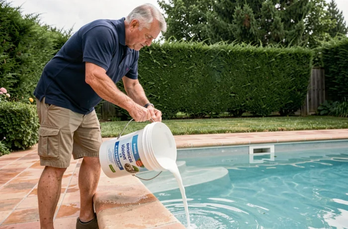 Homme versant une solution de percarbonate de soude dans une piscine pour l'entretien de l'eau