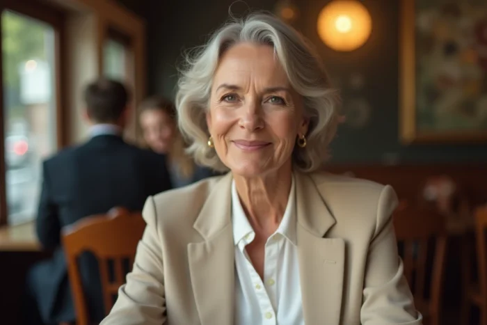 Femme élégante dans la cinquantaine assise dans un café parisien vintage, évoquant le profil discret de l'épouse d'une célébrité française des médias