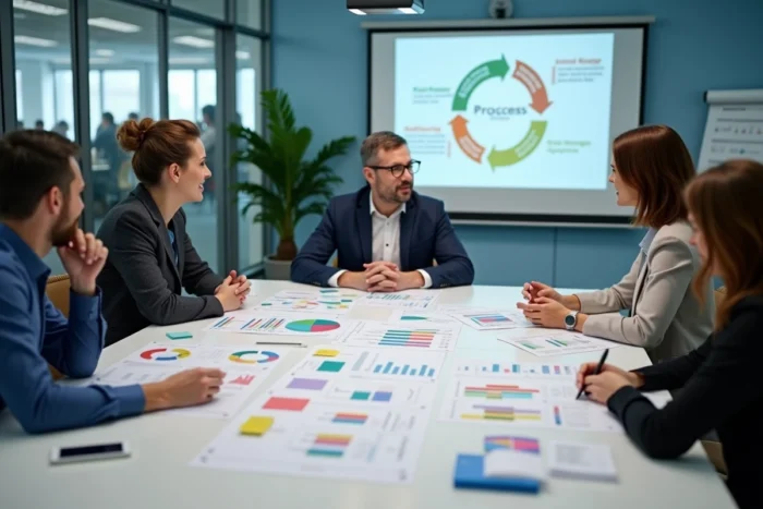 Équipe pluridisciplinaire participant à un atelier d'amélioration continue autour d'une table de réunion avec des tableaux de bord