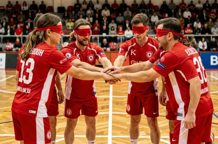 Équipe de cécifoot composée de joueurs malvoyants en cercle avant un match, mains jointes en signe de cohésion lors d'un tournoi en salle