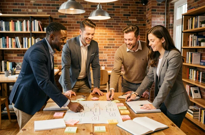 Équipe de professionnels collaborant sur des solutions de services sur-mesure pour stimuler la croissance d'une entreprise dans un espace de co-working