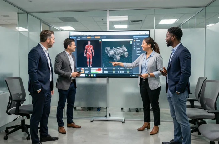 Équipe de professionnels analysant des données de simulation en réalité virtuelle sur un écran interactif lors d'une session de formation en entreprise